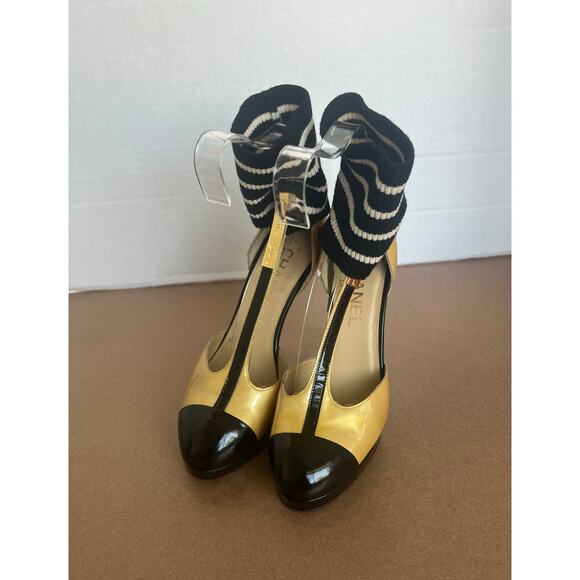CHANEL Gold/Yellow/Black Patent Leather T-Strap Ankle Sock Platform Pumps Sz 5.5 - Picture 1 of 16